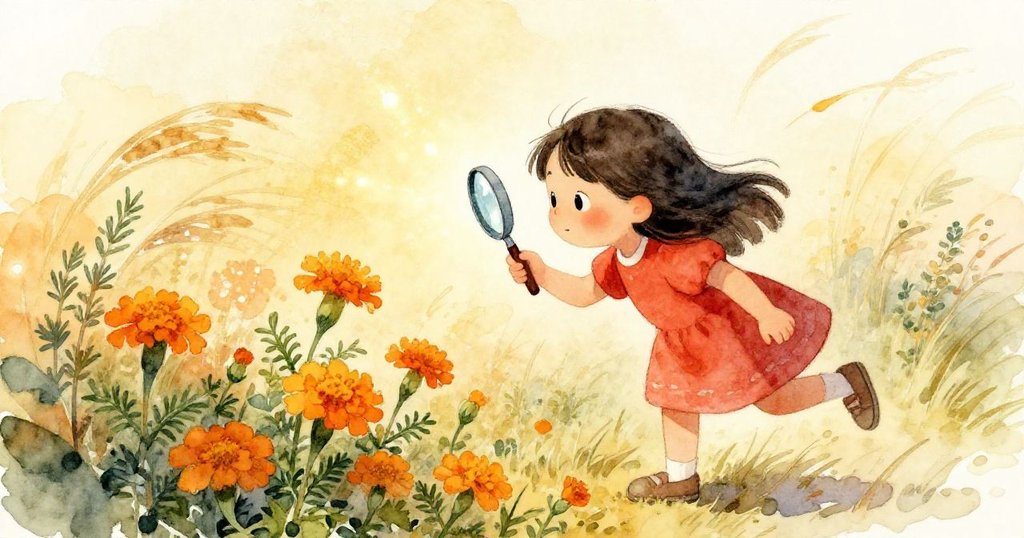 小威拉透過放大鏡觀察隨風搖曳的金盞花與迷迭香,光線透過窗外灑落,神情專注且充滿奇妙期待。