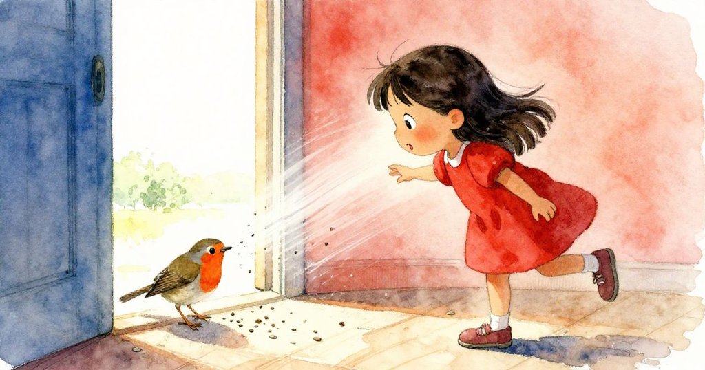 小知更鳥衝入室內迅速啄散輕盈種子,小威拉緊急移動托盤,種子飛舞動態明顯,場景充滿驚喜與活力。