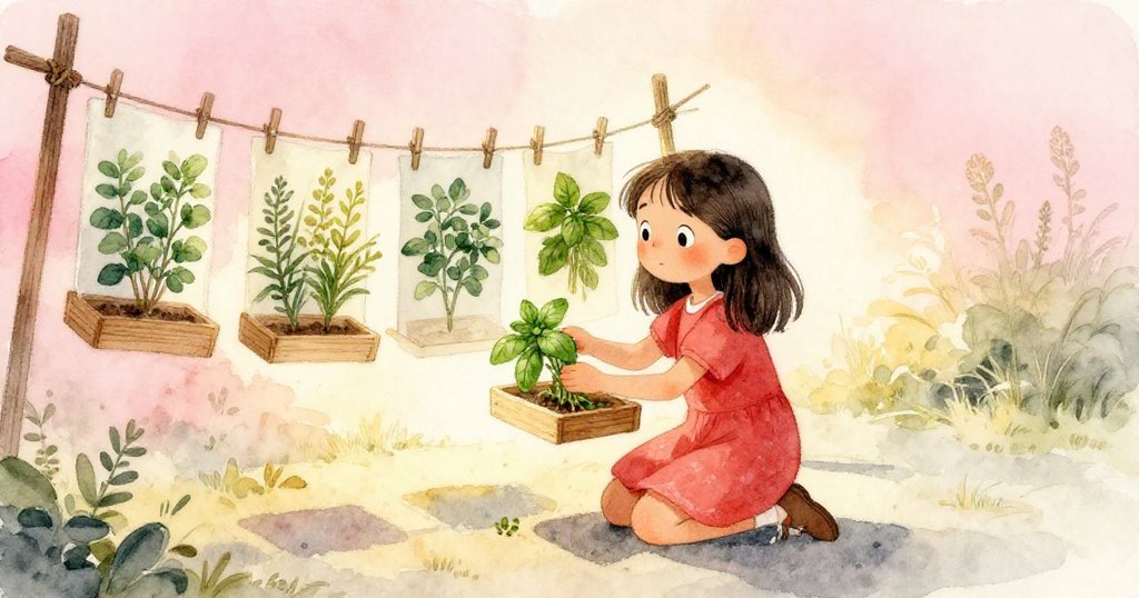 小威拉跪於草藥晾曬架旁,小心分盤羅勒與牛至,面向光明未來,動作專注且充滿希望。