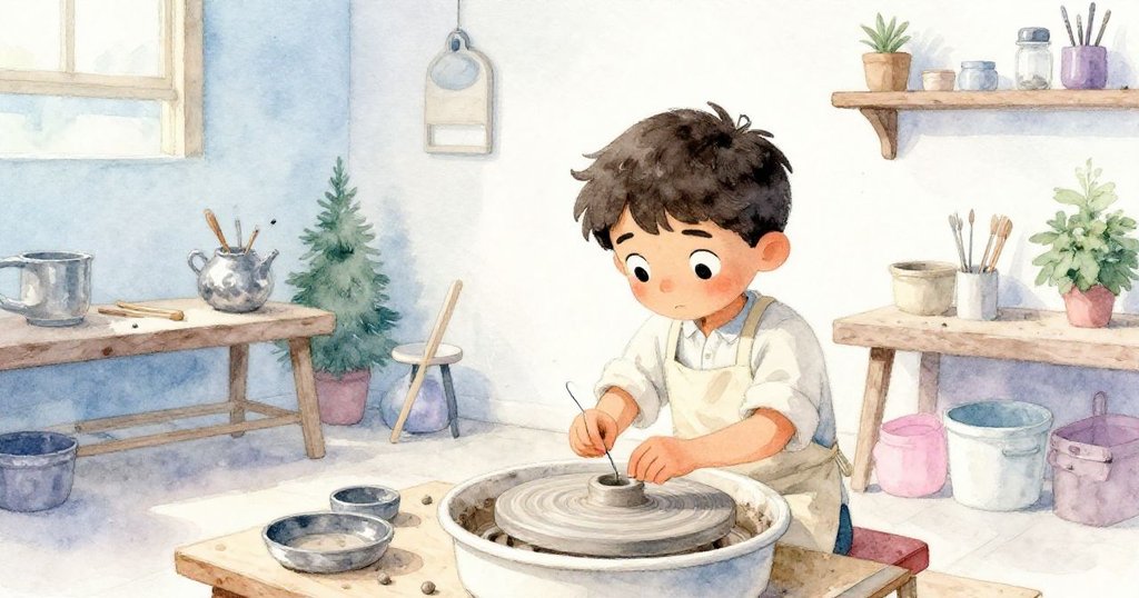 Rafael 在工房內調整細線,陶輪旁散落著黏土與工具,陽光柔和灑下,營造平靜準備實驗的氣氛。