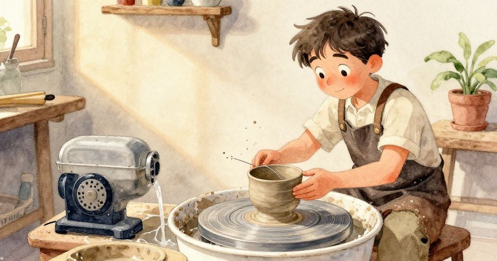 Rafael 專注時眼神閃爍著堅定光芒,細節背景隱約呈現工房內陶輪與工具,充滿期待與決心。