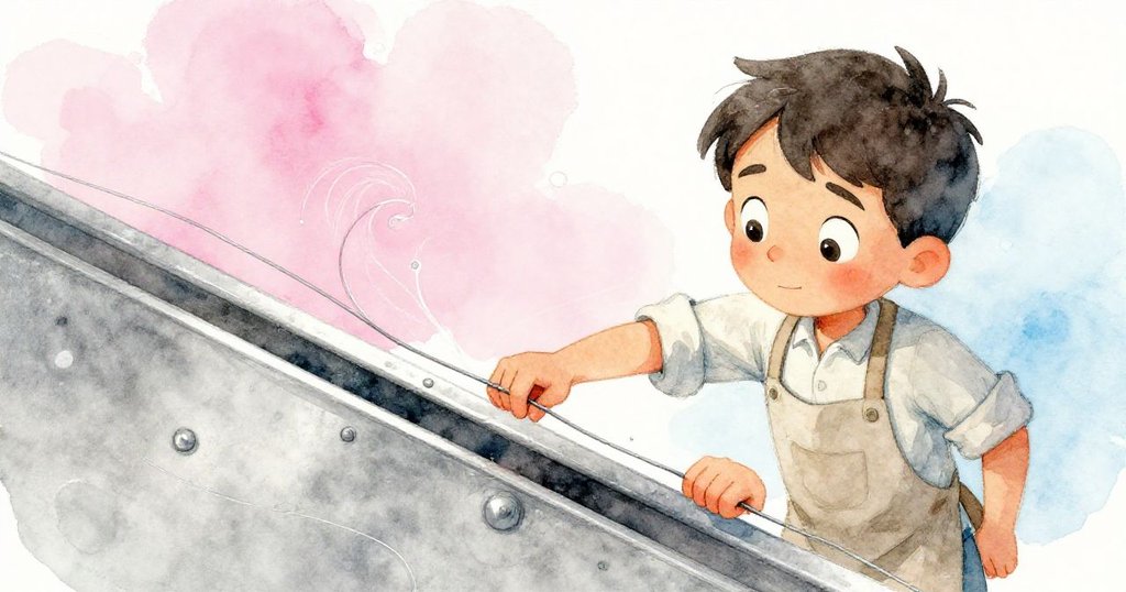 Rafael 平穩引導細線夾入金屬刻痕中,陶輪低鳴,線路與溝槽動感交織,畫面呈現藝術般扭曲效果。