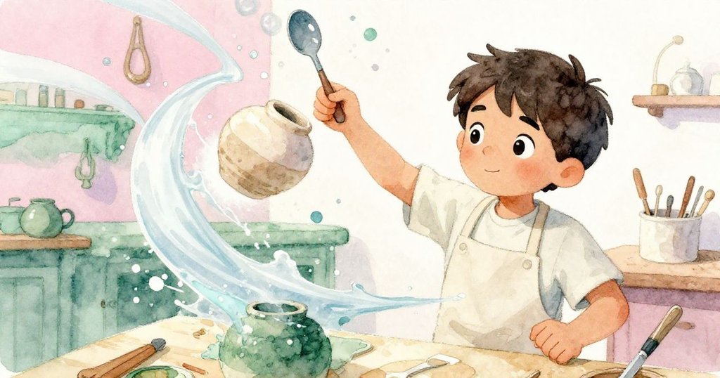 Rafael 手指被牽引,工桌上工具與陶罐急速搖晃,水滴劃出動感軌跡,現場充滿緊湊活力。