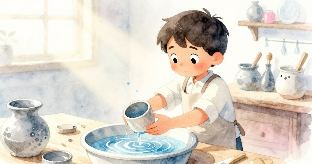 Rafael 穩定動作解決困境,輕輕釋放陶杯,盆中水漣有序展開,工作室內恢復平靜與和諧。