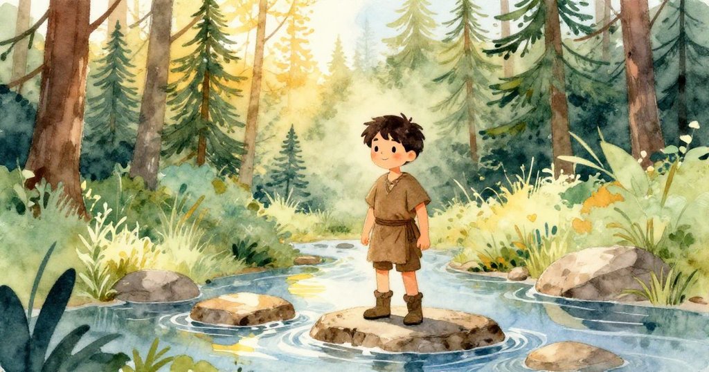 奧托站在堅硬石頭上，準備踏入流動溪谷，松林映襯下感到期待與興奮，展現冒險開端。