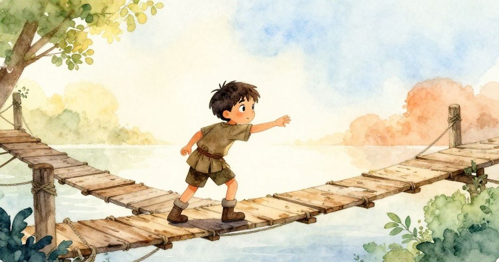 奧托專心觸碰粗麻繩橋，空曠背景襯托出他的孤獨與決心，正準備踏出下一步。