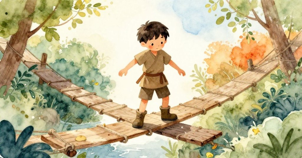 從上方俯瞰奧托小心踩過下陷木板，神情中帶著謹慎與堅定，周圍空間突顯挑戰感。