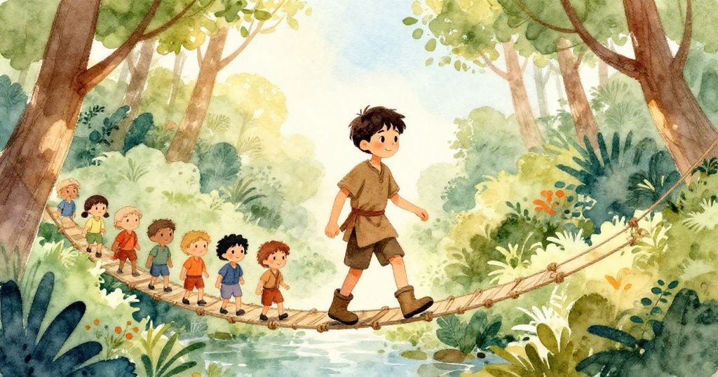 奧托自信踏步於搖晃橋面，背景中有志願者靜候，森林與溪谷映襯下充滿動感與期待。