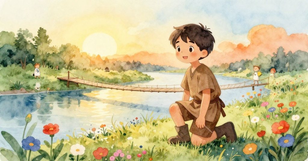 奧托在彼岸蹲下採花，臉上洋溢著滿足與溫暖，橋上志願者靜候歡迎，結束勇敢旅程。