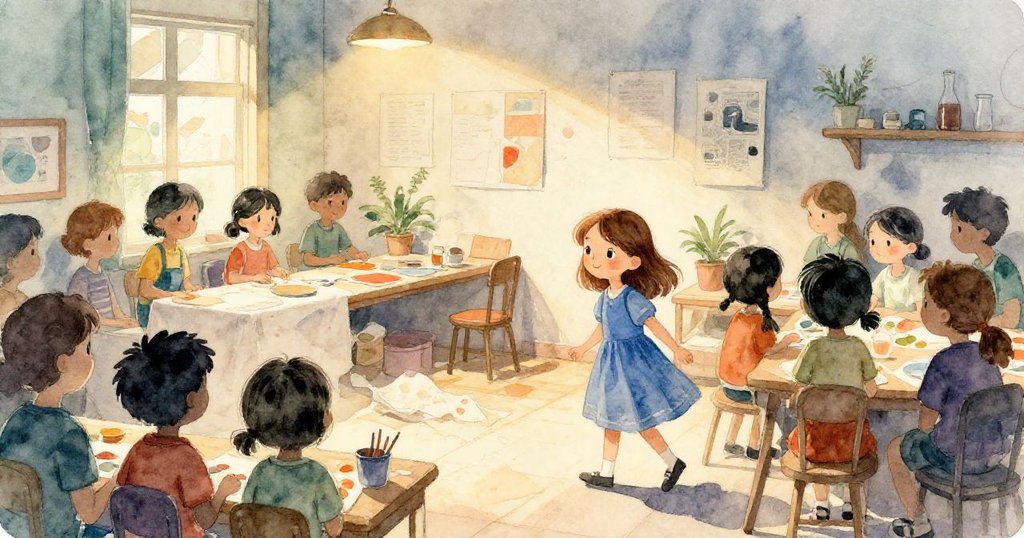 小女孩June在工藝角中穿越人群，背景有舊報紙和溫暖燈光，充滿期待與好奇，展開故事開場。