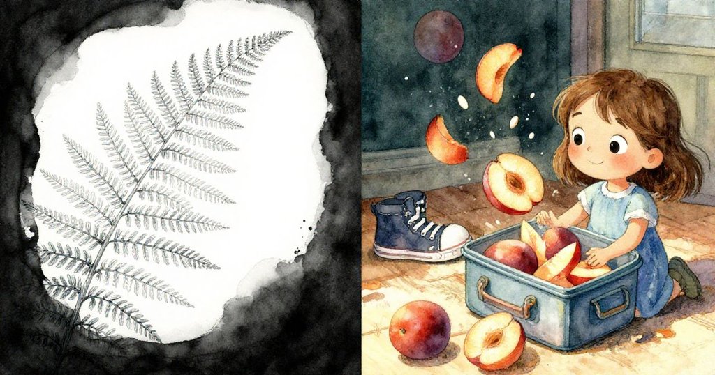 June一邊觀察蕨葉上墨跡蔓延猶如糖霜，一邊警覺地注意到接近的鞋子與碰撞的午餐盒，呈現緊張動態。