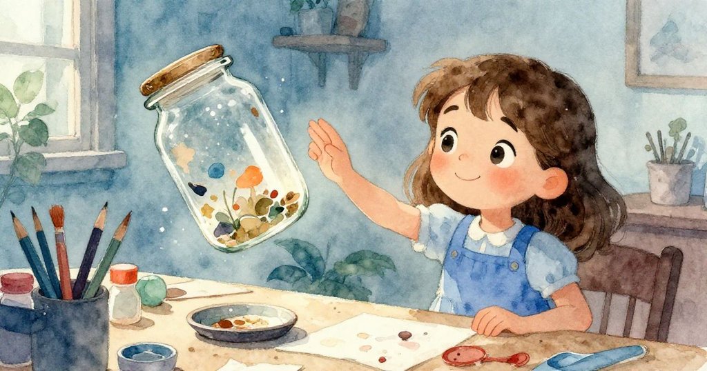 June驚訝中迅速接住即將落地的標本瓶，背景中工藝桌和細緻物品呈現動與靜的轉換。