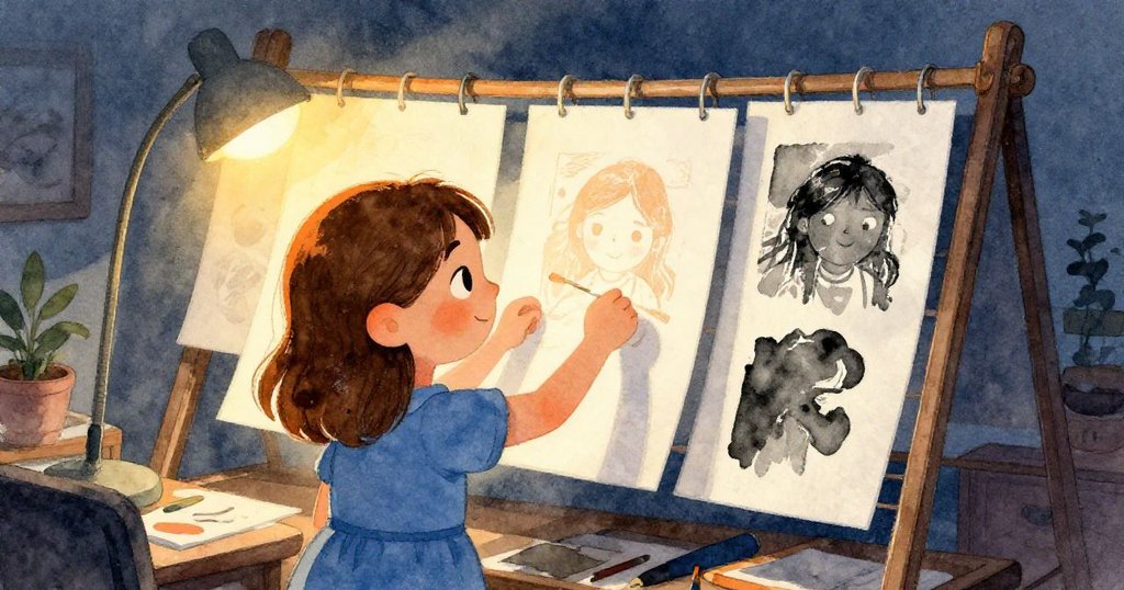 June在工藝桌前檢視自己與其他人作品的印痕，溫暖燈光下流露出從混亂到創作堅定的情感。