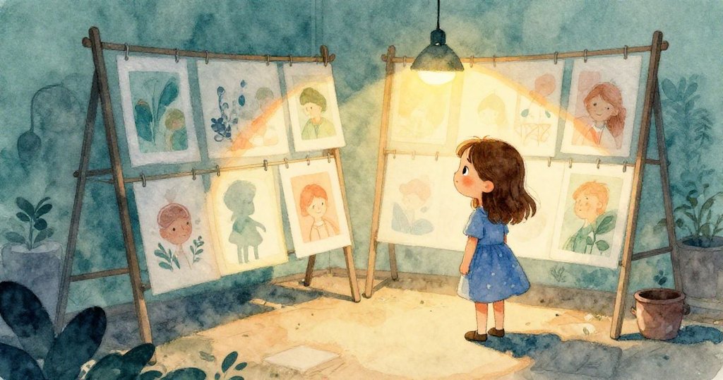 在關閉時分，June靜默於工藝角中，背景有乾燥中的印痕與暖燈光，流露出平靜與創作完成的滿足。