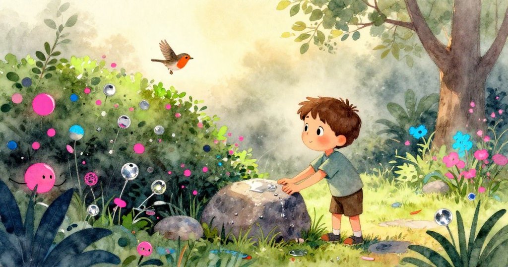 Tobias在晨霧中輕觸花壇中的石頭,小知更鳥飛向樹籬,場景充滿早晨柔和光線與好奇心。