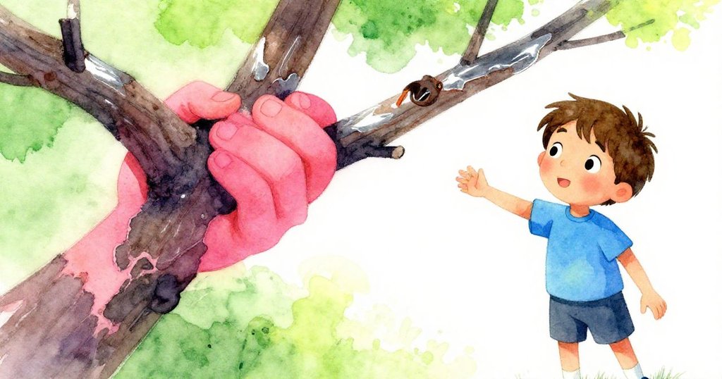 Tobias專注檢視手中的舊樹枝,樹皮一面光滑一面粗糙,展現出探索自然與歷史的細膩情感。