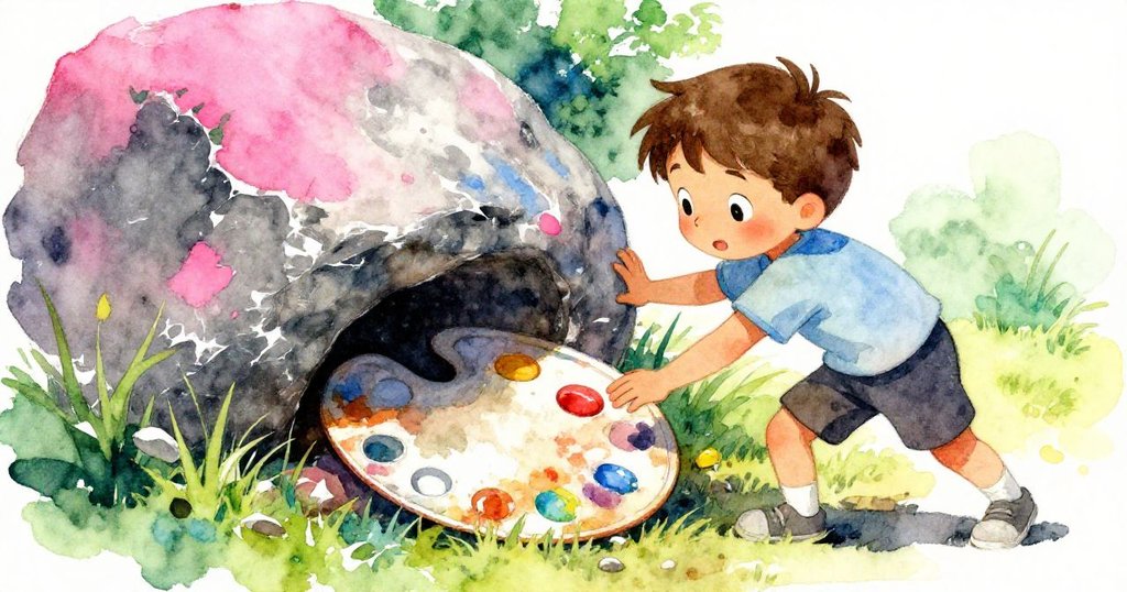 Tobias推動石頭時意外發現隱蔽的舊調色盤,面露驚喜,以傾斜視角呈現出動感與探索的瞬間。