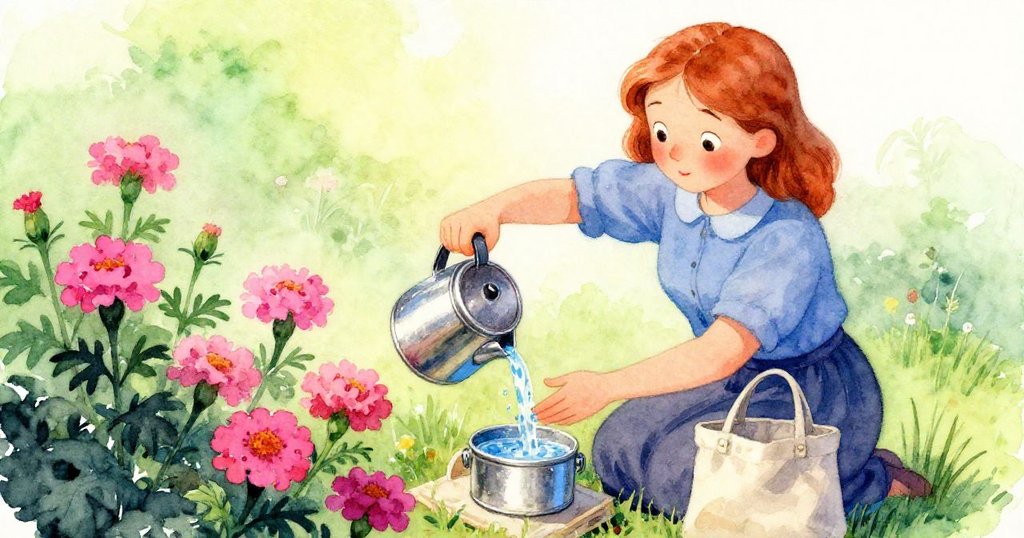 Mabel溫柔地為金盞花澆水,旁邊放著帶有金屬午餐盒的布袋,展現出關愛與自然和諧的溫暖氛圍。