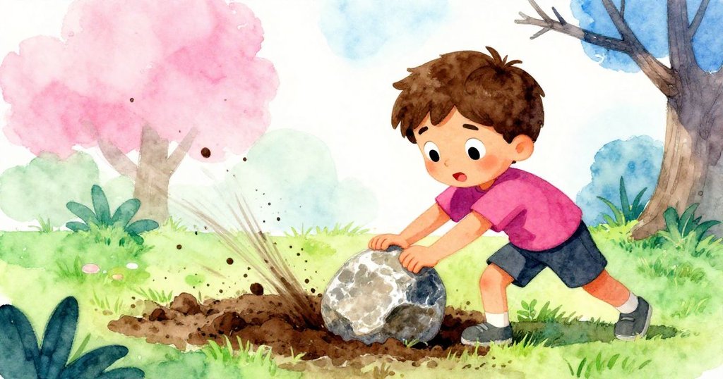 Tobias奮力推動石頭入洞,隨著樹枝發出吱嘎聲,土壤飛揚,展現出決心與勝利的動感場面。