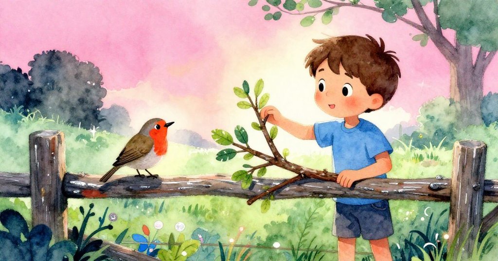 Tobias將樹枝輕放於籬笆上,小知更鳥在旁歌唱,溫暖夕陽下,他臉上流露出滿足與告別的寧靜神情。