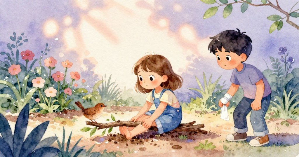 Wren在花園中用力推動樹枝，Sam側身觀察，濕潤泥土與花床營造出活潑期待的早晨氛圍。