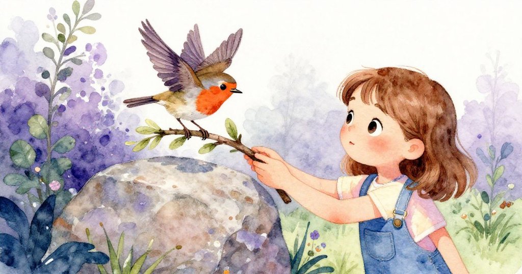 Wren堅定地操作著樹枝與石塊，旁邊小巧靈動的知更鳥飛落，形成對比畫面，充滿驚喜探險感。