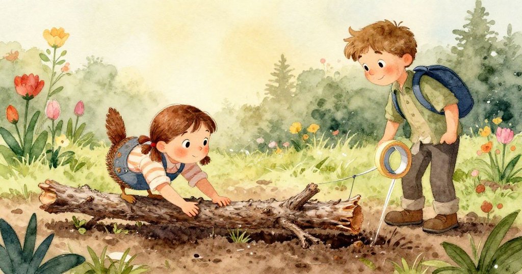 Sam的袖子上沾滿閃爍露珠，樹皮細節清晰呈現，展示出花園中微妙而溫馨的自然變化。