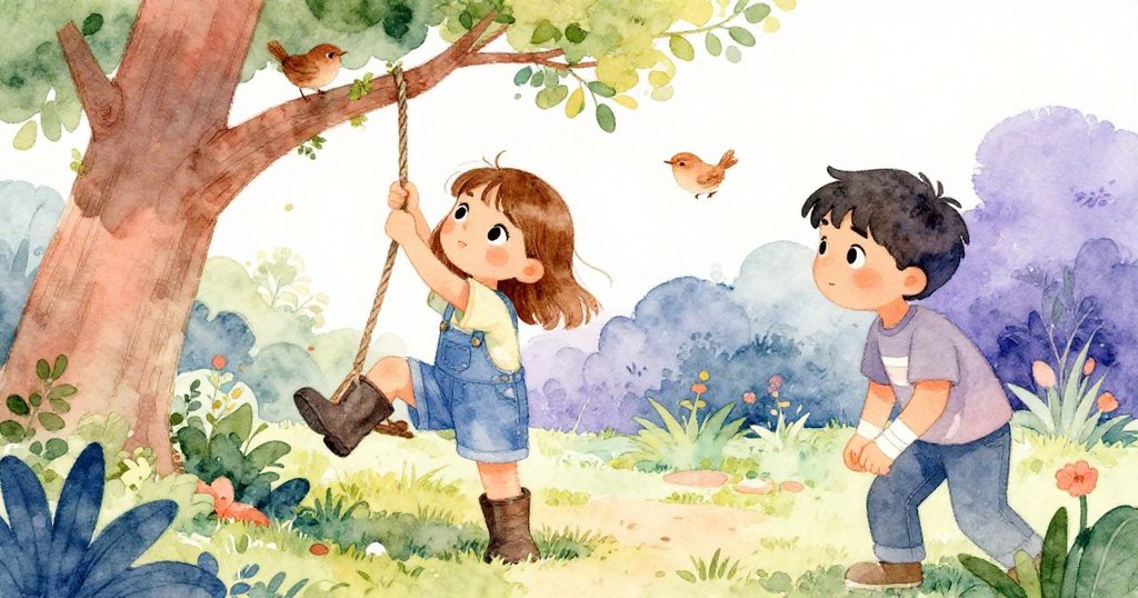 Sam果斷以靴子按壓彎曲樹枝，Wren關切注視，充滿活力的互動場面展現出共同解決困難的情誼。