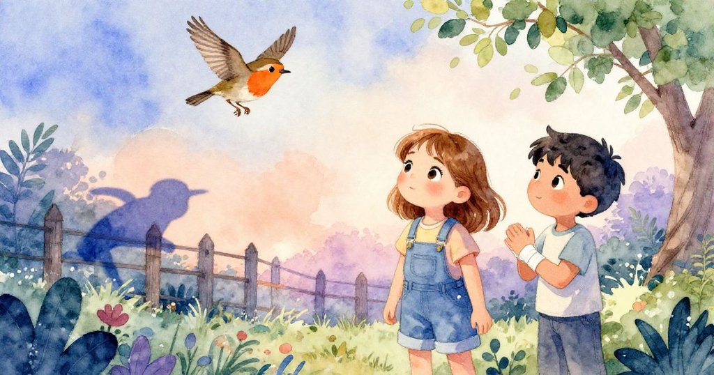 知更鳥振翅高飛，其影子在籬笆上飛舞，Wren與Sam在夕陽餘暉中靜思，隱含神秘與希望的未來。