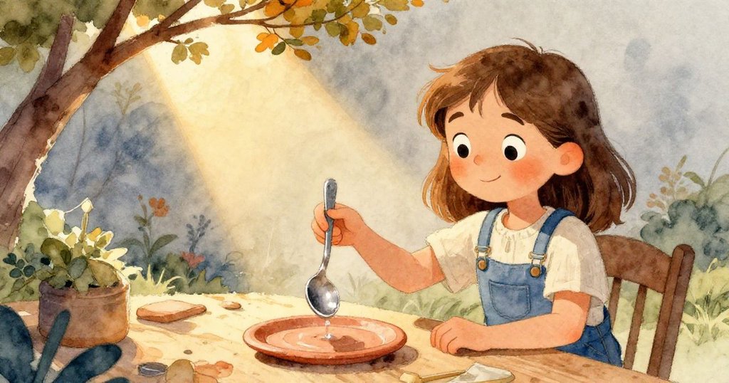 Willa在低垂樹枝下觀察彎曲湯匙彈出金屬聲響，陶土圓盤回應，背景柔和暖光與深淺交錯，神情專注。