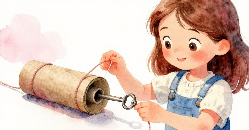 Willa正用紙板筒放出潔淨繩子，小心穿過舊鐵鑰匙，神情專注，背景呈現溫柔紅粉與藍色點綴。