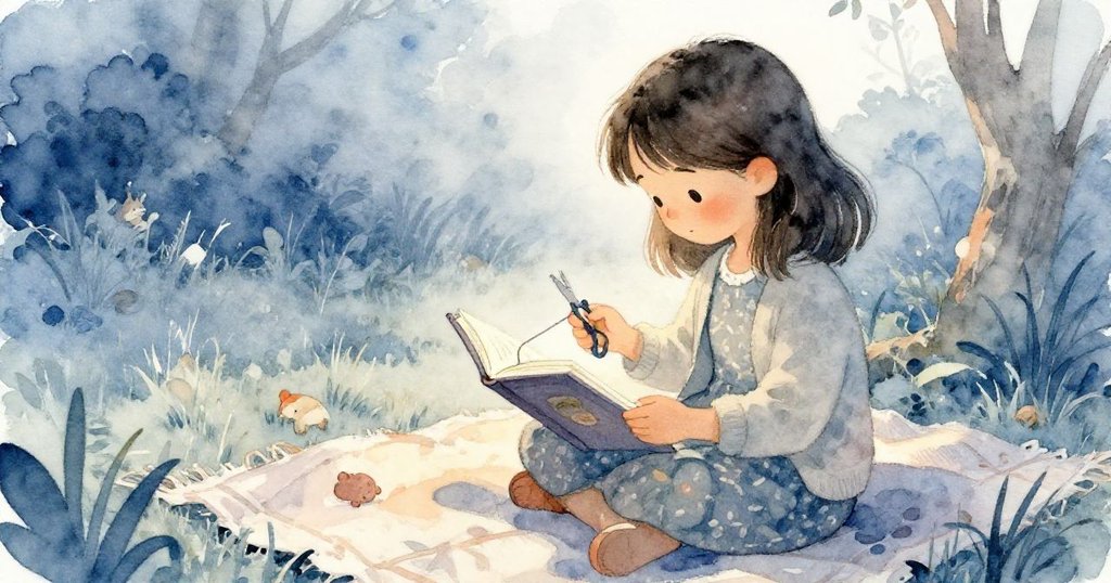 Lucia坐在毛毯上閱讀，精心剪斷繩子一角並遞向Willa，臉上流露溫柔專注，背景藍灰與橙光和諧交融。