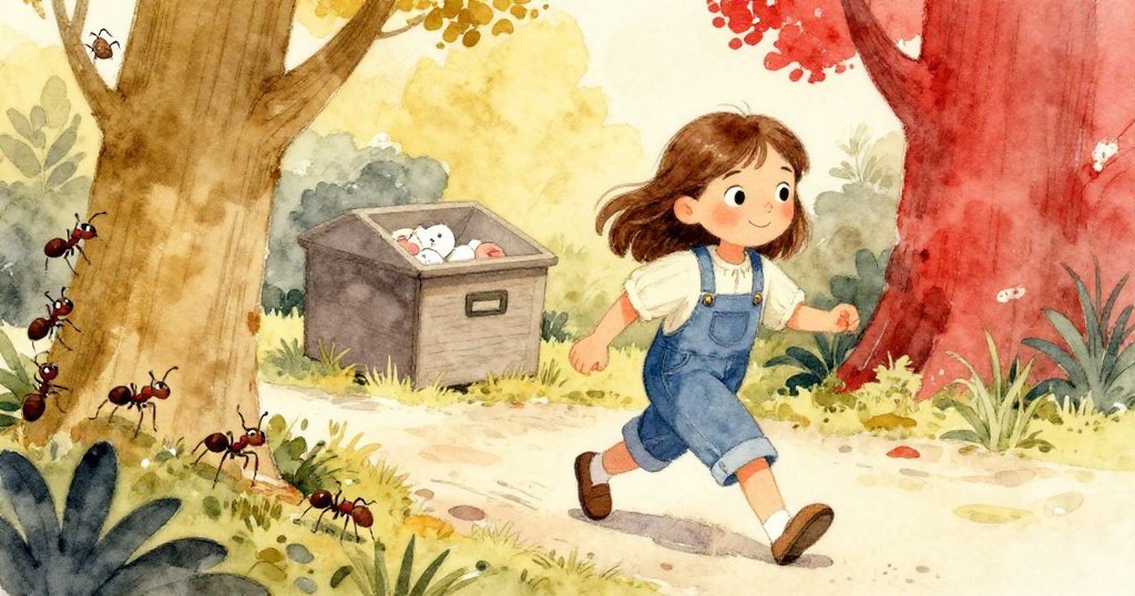 Willa穿越樹皮邊，與排列的螞蟻擦肩而過，走向鄉村風格儲物箱，背景呈現金黃色陽光及紅色細節，充滿生動動感。