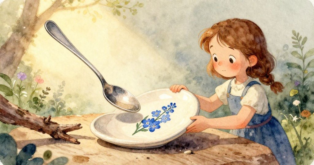 風起時，吊繩、湯匙、小珠子和陶盤隨風飛舞，形成動態軌跡，背景展現藍灰與粉嫩光暈及搖曳樹葉。