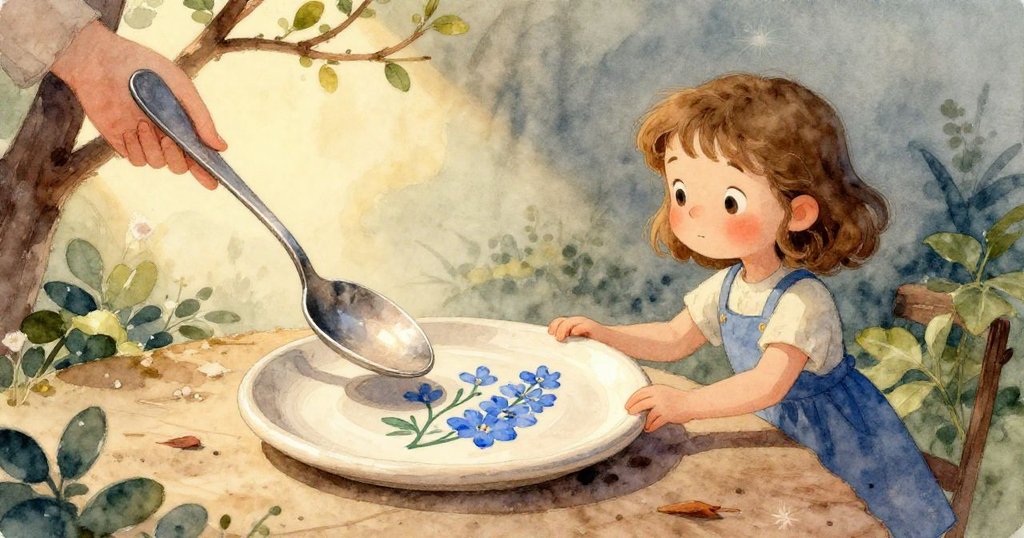 日落後後院內，整理好的吊飾與鐵鑰匙靜靜懸掛於樹枝間，場景溫暖平靜，展現出關鍵成功調整後的寧靜。