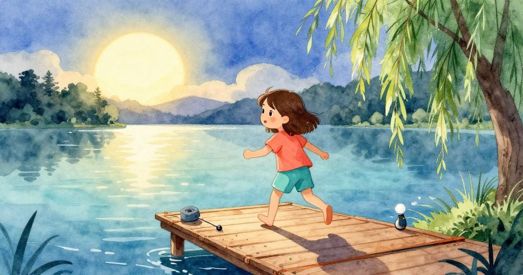 Eve 在黎明時分踏入湖邊的木碼頭，周圍有漁具和柳樹，臉上充滿期待與活力