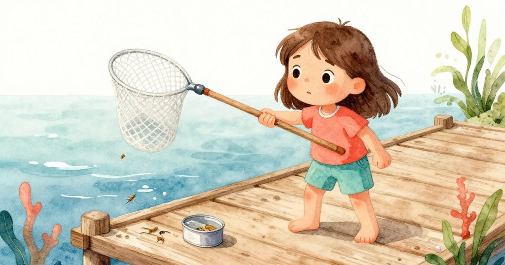 Eve 踏在有質感的木板上，旁邊散落著彎曲的捕魚網和活潑的蟲罐，陽光柔和照射在自然戶外場景中