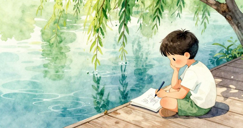 Kit 坐在陰涼的碼頭上認真素描湖面與柳樹根，水中倒映著自然景色，展現靜謐與沉思