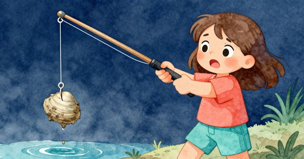 Eve 用力揮動玻璃纖維釣竿，近鏡頭捕捉黏泥蛤蜊夾住魚鉤的瞬間，臉上流露出堅定與希望