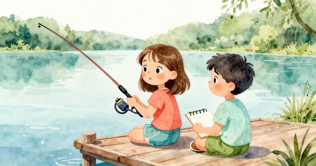 在碼頭上，Kit 靜靜從筆記本中抬頭關心 Eve 的釣魚挑戰，兩人間流露著默契與溫馨