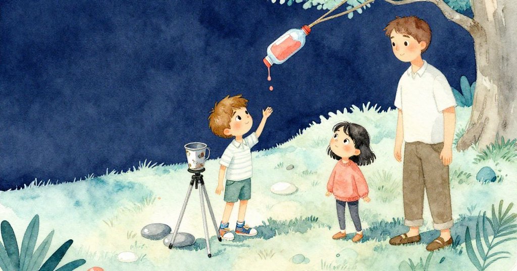 海斯正站在濕潤草地上，好奇地看著斜拍的畫面，背景有三腳架及滴落油漆的瓶子，氣氛充滿神秘感