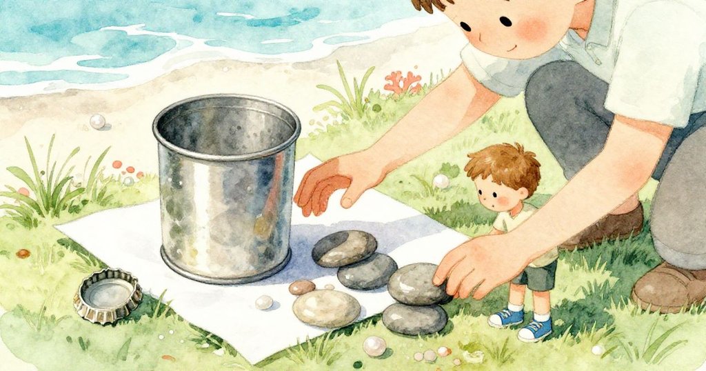 海斯輕觸破舊鐵杯，成人仔細觀察石塊與瓶蓋，細節豐富展示了戶外自然物品的質感