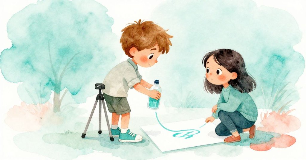 海斯正調整懸掛瓶子，背景中史黛拉蹲於紙邊觀察藍綠色痕跡，兩人充滿專注與合作的神情