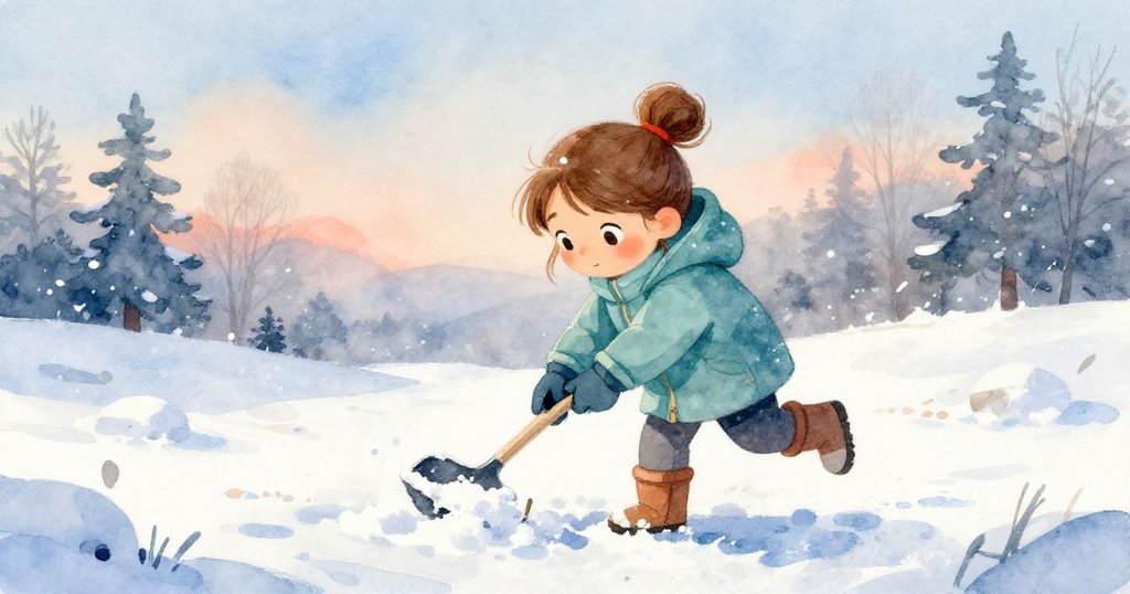 Winona在寒冷清晨雪地中，手握模具，輕輕拾取雪花，背景有矮牆與薄霧，溫馨且專注。