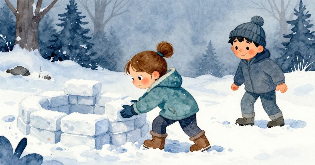 從低角度看見Winona用力推雪磚，Joel在旁微笑觀看，雪堡背景中展現冬日動態與互動。