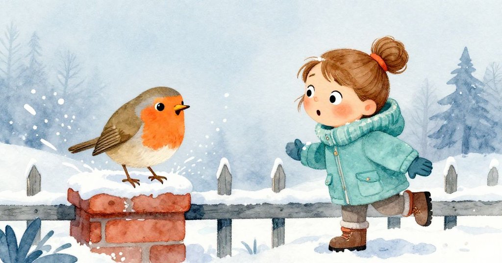 一隻知更鳥驚飛起時雪花四濺，Winona露出驚喜神情，背景雪牆添懷舊柔和色調。