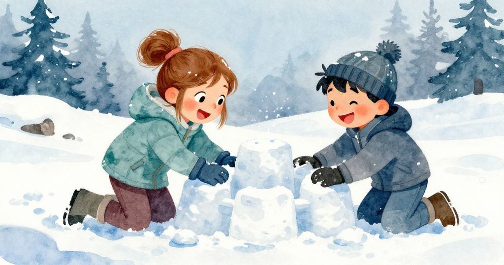 Winona與Joel在雪堡前熱情協作，Winona操模具，Joel倒水助雪磚凝固，笑容洋溢充滿童趣。