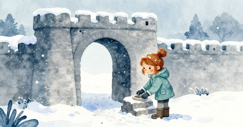 Winona將空模具倚靠在完成雪拱牆上，雪花輕柔飄落，整個場景呈現寧靜堅實的冬日氛圍。