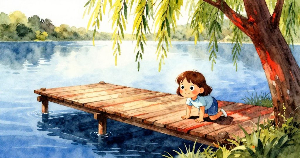 克拉拉在湖邊舊碼頭爬行，觸摸粗糙木板，眼神好奇，背景有垂柳及平靜湖面，溫暖晨光灑落。