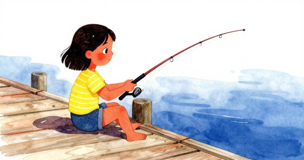 澤爾達坐在碼頭固定柱旁調整釣竿，神情專注，溫暖陽光映照湖面，環境寧靜舒心。